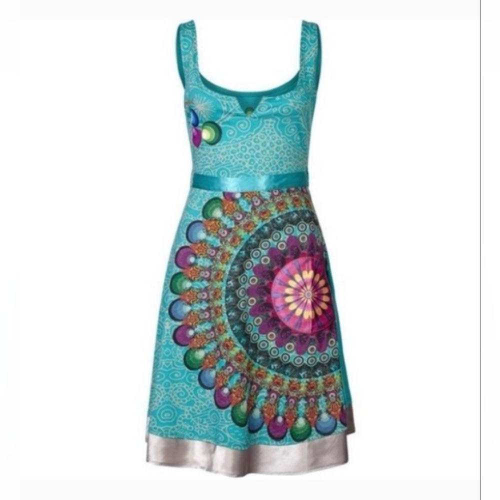 Desigual Cotton Bright Aqua Print Sleeveless Midi Flare Dress